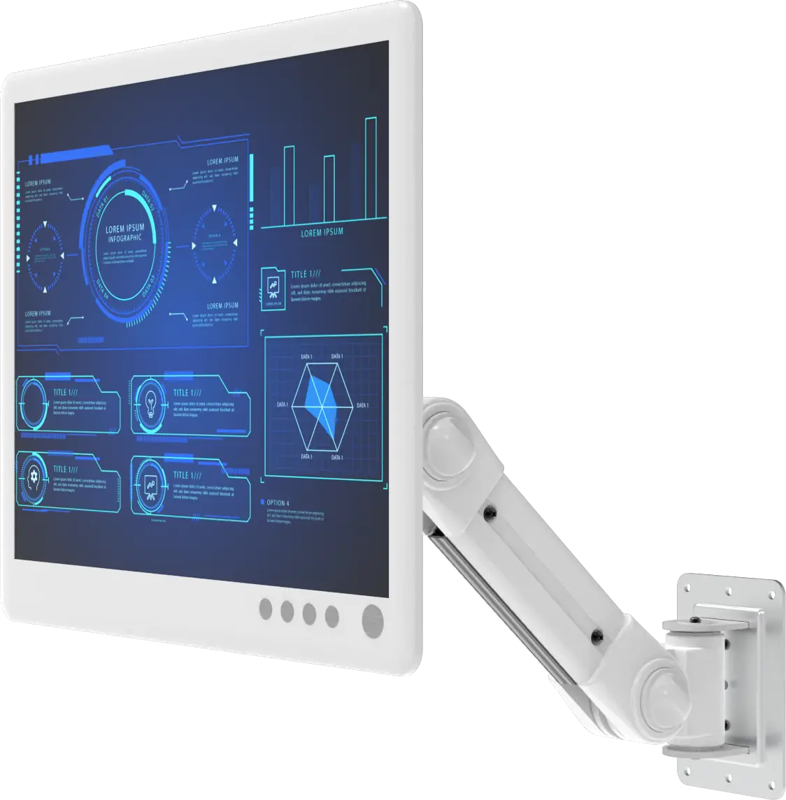 White wall-mounted LCD monitor arm holding a touchscreen display